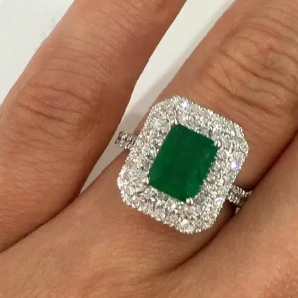 5ct Emerald Cut Emerald Double Halo Engagement Ring