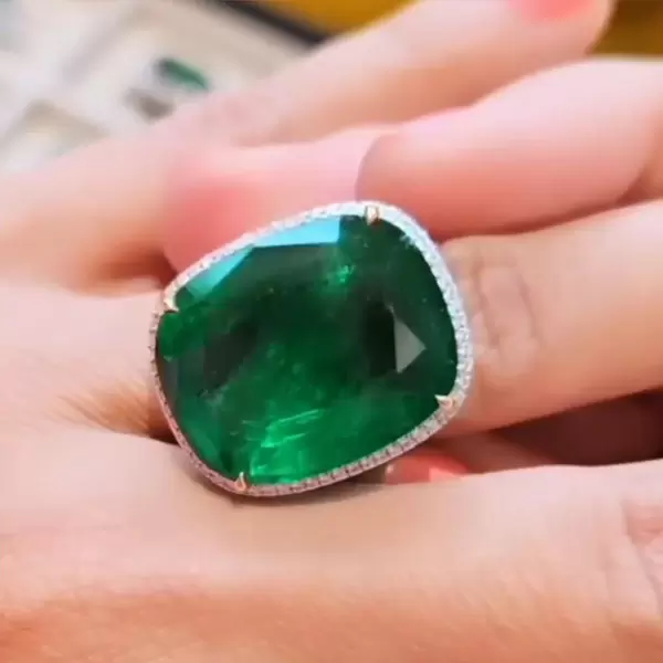 15ct Halo Cushion Cut Emerald Engagement Ring