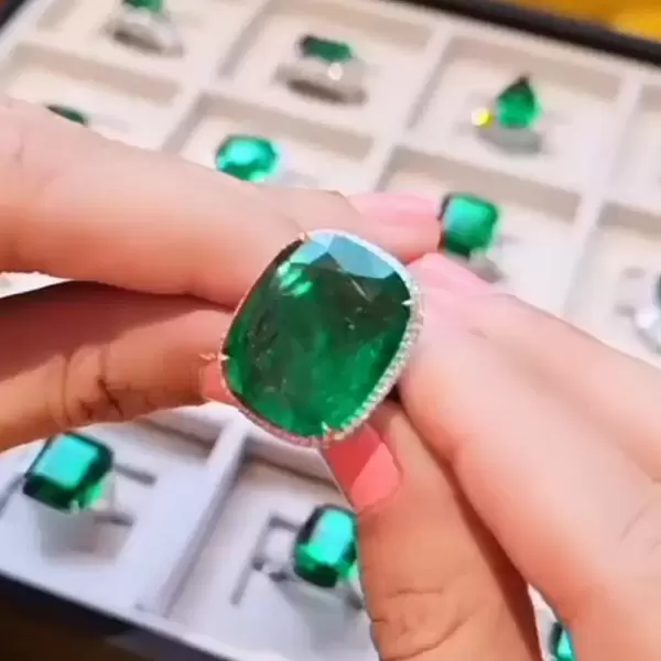 15ct Halo Cushion Cut Emerald Engagement Ring