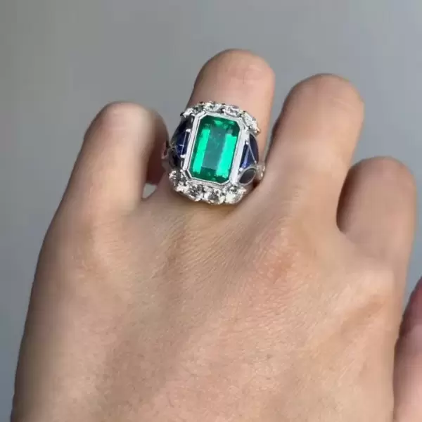 5.3ct Emerald Cut Emerald Halo Vintage Engagement Ring