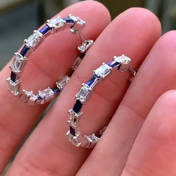 3.5ct Baguette Cut Blue Sapphire Hoop Earrings
