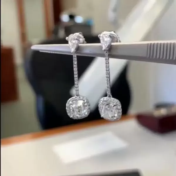 3ct Cushion Cut White Sapphire Drop Earrings
