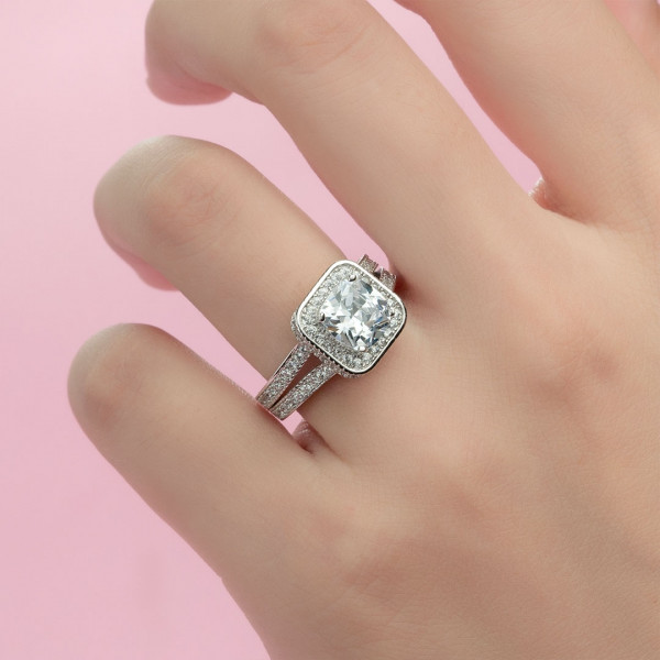 Handmade 3.5 CT Cushion Cut Halo Sterling Silver Ring