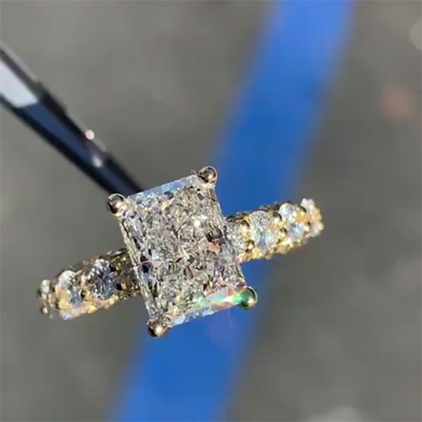 Yellow Gold 4.5 Ct Radiant Cut White Sapphire On the Side Engagement Ring