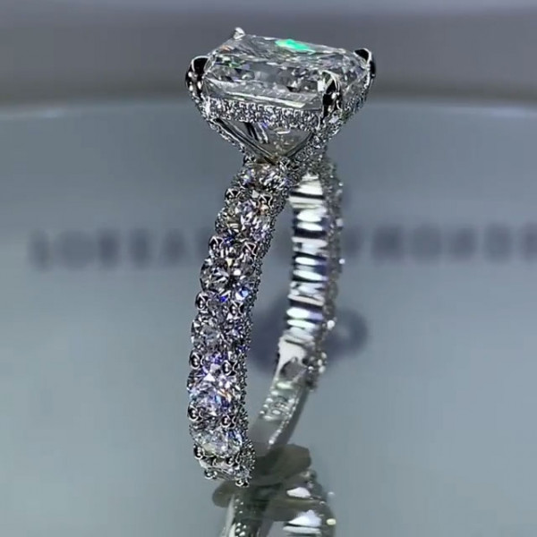 Handmade Radiant Cut Under Halo Sterling Silver Engagement Ring