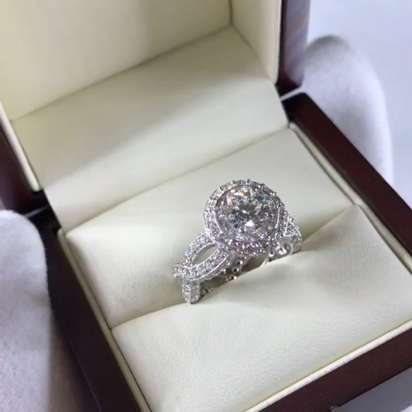 Handmade 1.5 CT Halo Round Cut Sterling Silver Engagement Ring