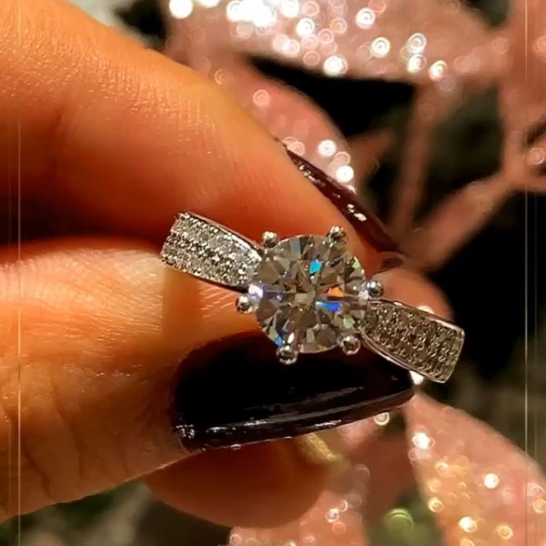 Handmade 1.0 CT 6-Prong Round Cut Double Sidestone Engagement Ring