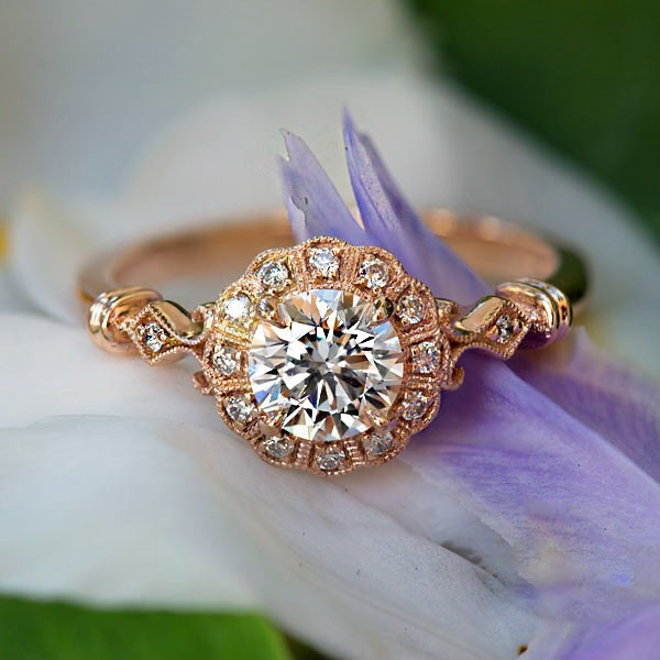 Handmade Halo 1.0 CT Rose Gold Round Cut Engagement Ring