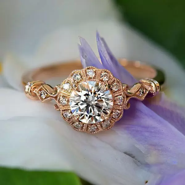 Handmade Halo 1.0 CT Rose Gold Round Cut Engagement Ring