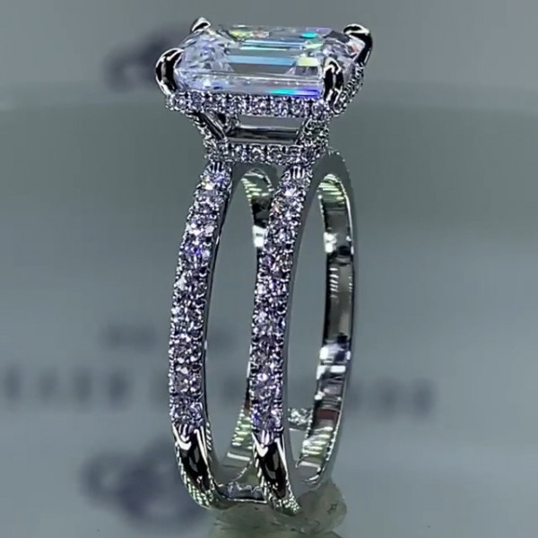 4ct Emerald Cut White Sapphire Double Band Engagement Ring