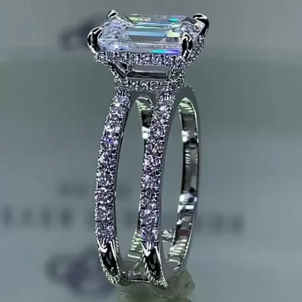 4ct Emerald Cut White Sapphire Double Band Engagement Ring