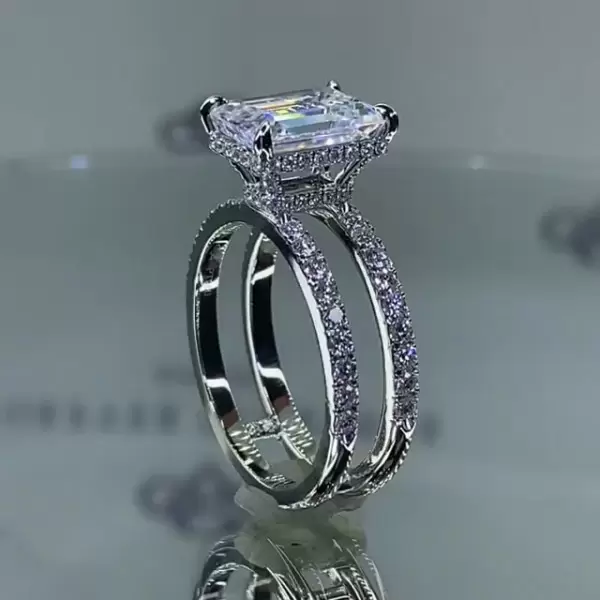 4ct Emerald Cut White Sapphire Double Band Engagement Ring