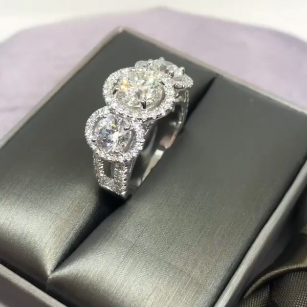 2.85ct Three-Stone Round Cut White Sapphire Halo Engagement Ring