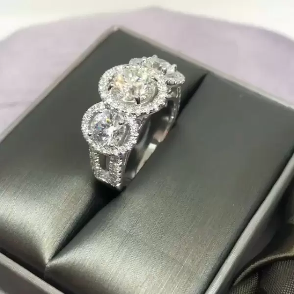 2.85ct Three-Stone Round Cut White Sapphire Halo Engagement Ring