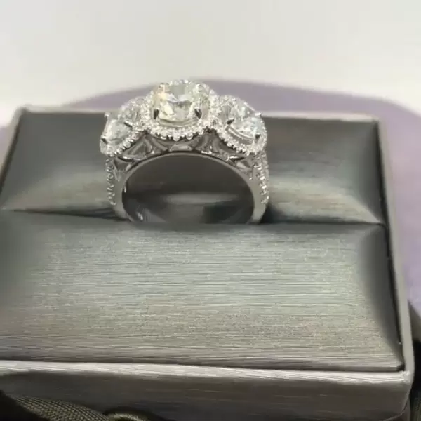 2.85ct Three-Stone Round Cut White Sapphire Halo Engagement Ring