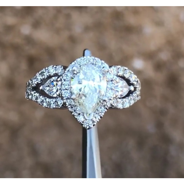 1.5ct Three-stone Pear Cut Halo Engagement Ring