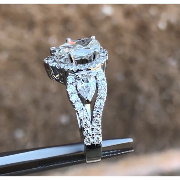 1.5ct Three-stone Pear Cut Halo Engagement Ring