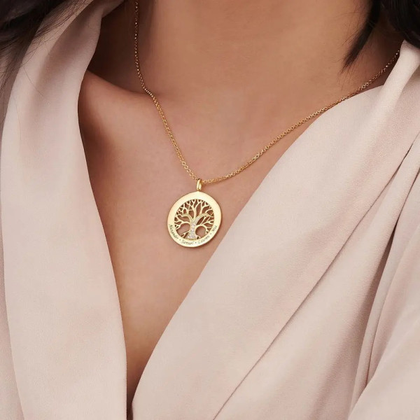 Name Engraving Family Tree Disc Pendant Necklace
