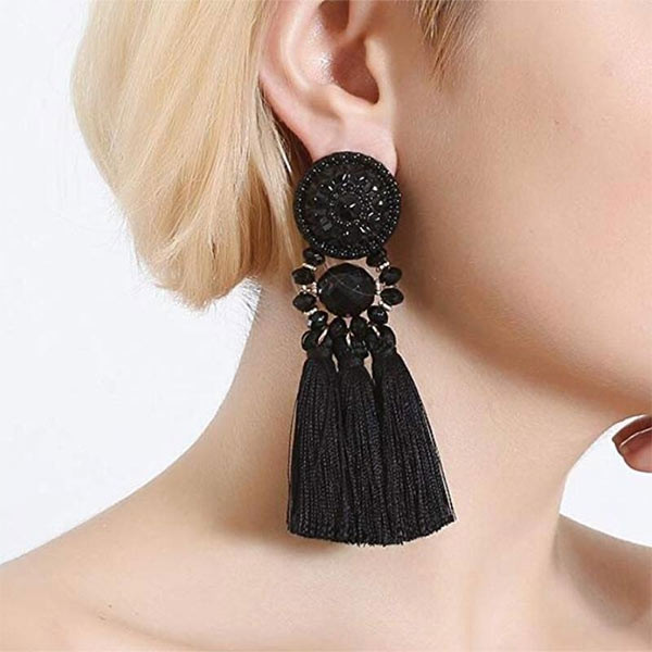 Bohemian Style Long Tassel Statement Earrings-Black