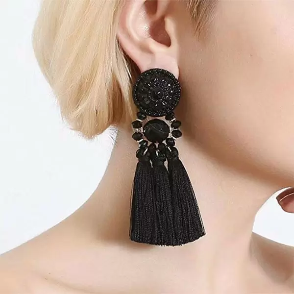 Bohemian Style Long Tassel Statement Earrings-Black