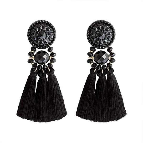 Bohemian Style Long Tassel Statement Earrings-Black