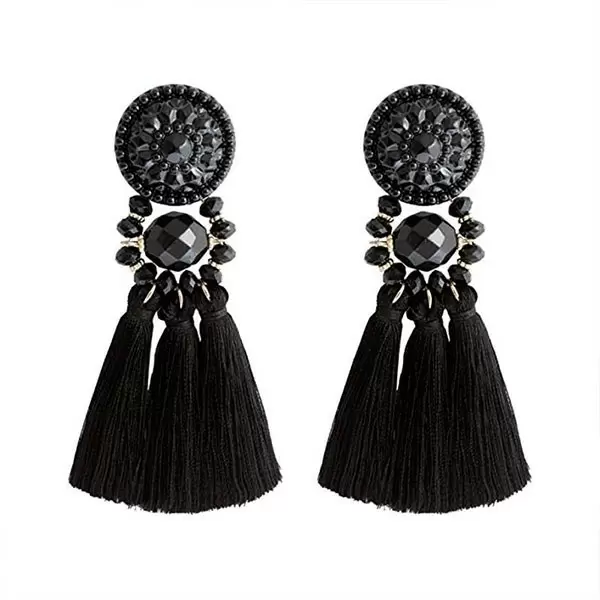 Bohemian Style Long Tassel Statement Earrings-Black