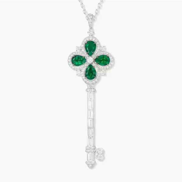 6ctw Pear Cut Emerald Flower Key Pendant Necklace