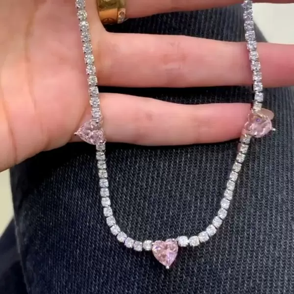 Five Heart Cut Pink Sapphire Station Necklace