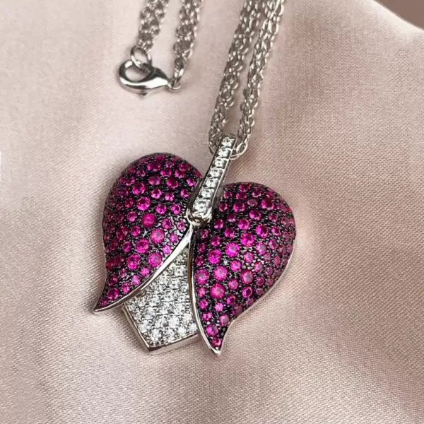 Two Tone Ruby Paved Tulip Heart Necklace