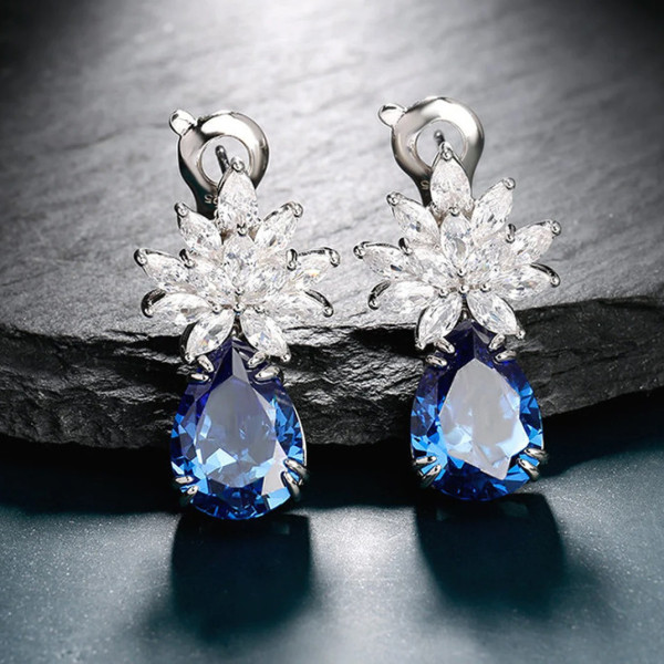 Vintage Pear Cut Sapphire Cluster Flower Drop Earrings