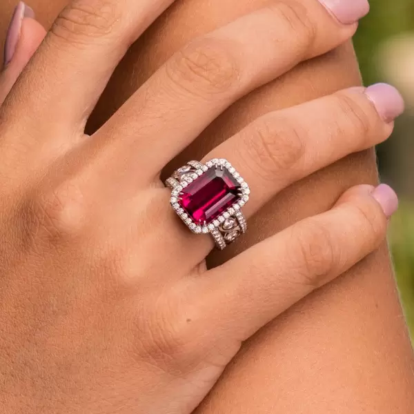9ct Halo Emerald Cut Synthetic Ruby Engagement Ring