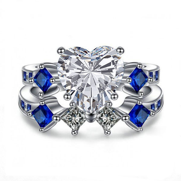Handmade Heart Cut Created Sapphire Ring Set