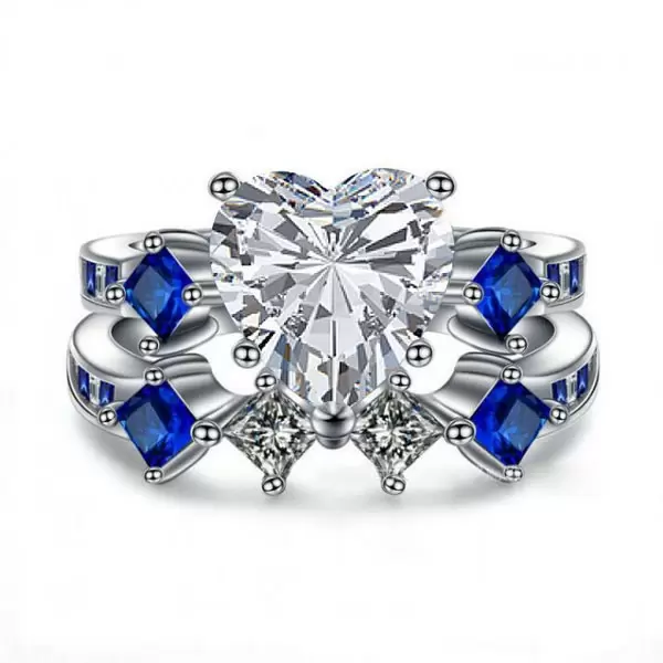 Handmade Heart Cut Created Sapphire Ring Set