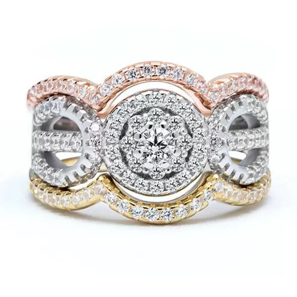 Handmade 3 Tone Halo Round Cut Ring With 2 Bands