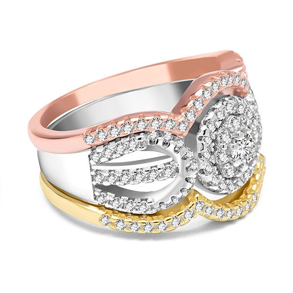 Handmade 3 Tone Halo Round Cut Ring With 2 Bands