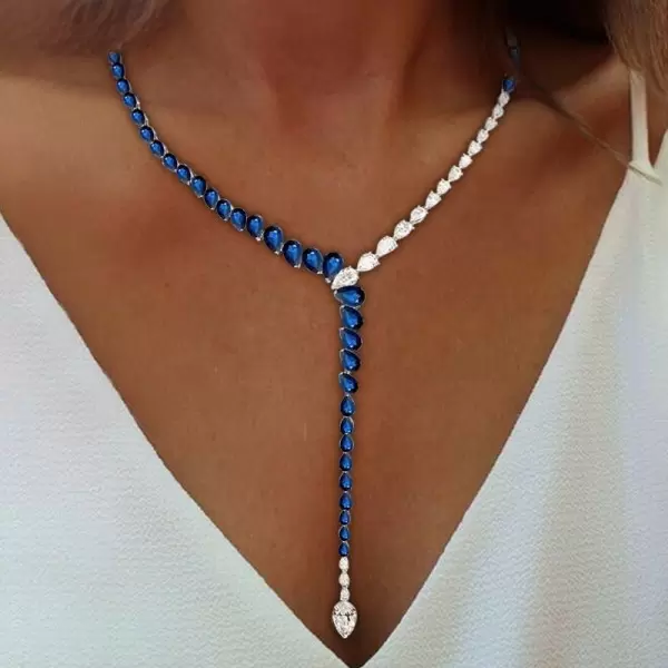 Pear Cut Blue Sapphire Necklace & Earrings Jewelry Set