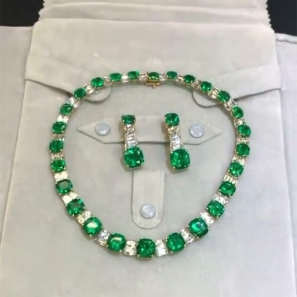 Cushion Cut Emerald Necklace & Earrings & Ring 3pcs Jewelry Set