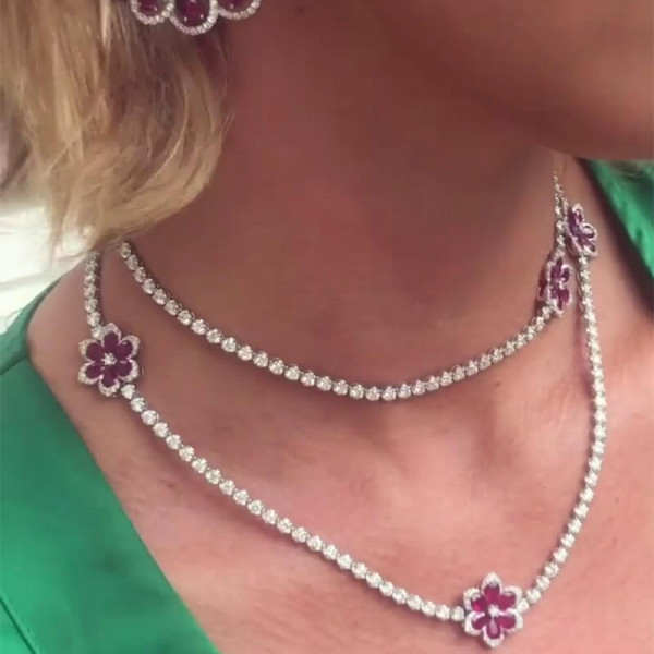 Flower Design Ruby Necklace & Earrings Jewelry Set