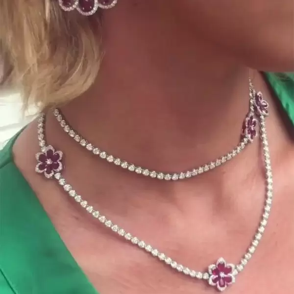 Flower Design Ruby Necklace & Earrings Jewelry Set