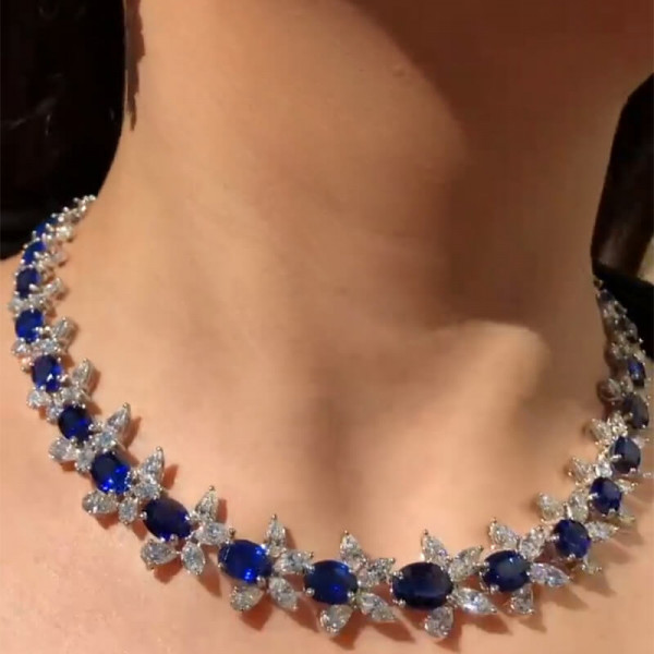 SayaBling Jewelry Multi-Cut Royal Sapphire Necklace & Earrings Jewelry Set