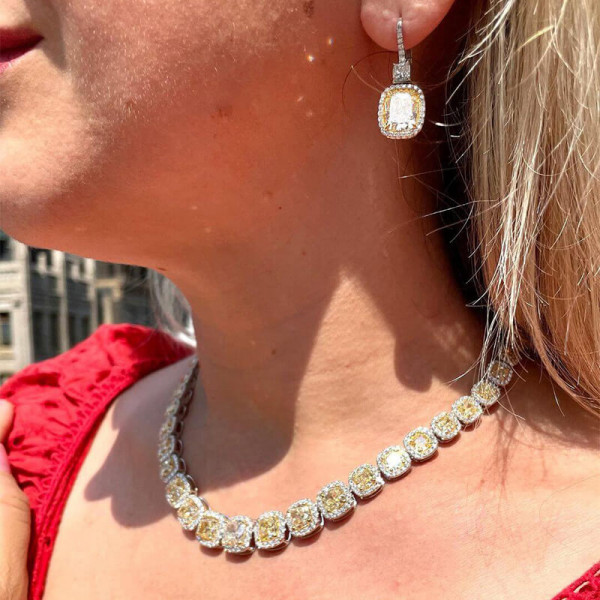Cushion Cut Yellow Sapphire Necklace & Earrings Set