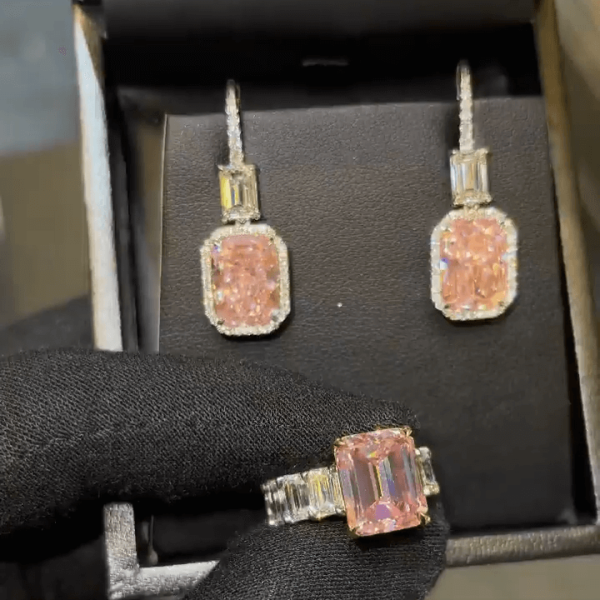 Emerald Cut Pink Sapphire Ring & Earrings Jewelry Set