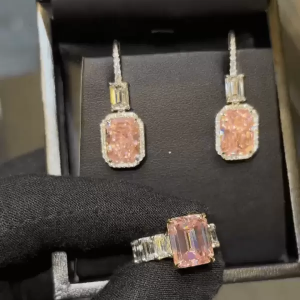 Emerald Cut Pink Sapphire Ring & Earrings Jewelry Set