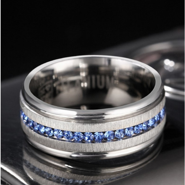 Handmade 8mm Titanium Steel  Blue Sapphire Men's Ring Band