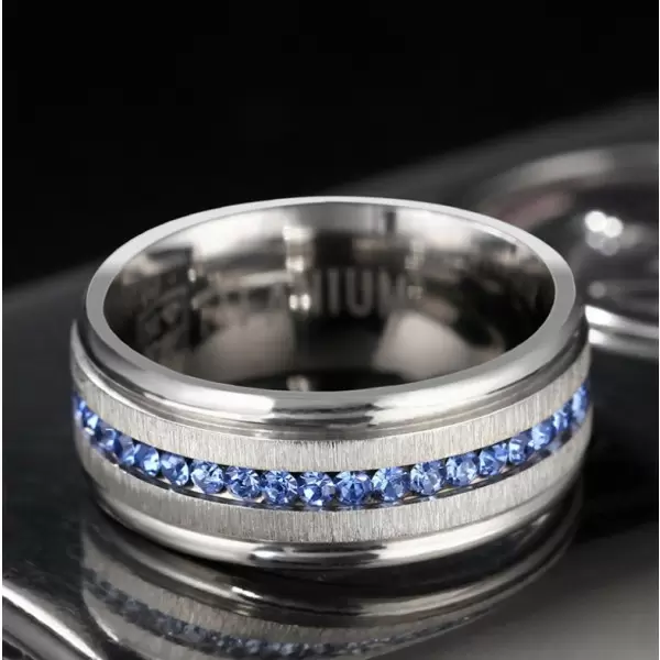 Handmade 8mm Titanium Steel  Blue Sapphire Men's Ring Band