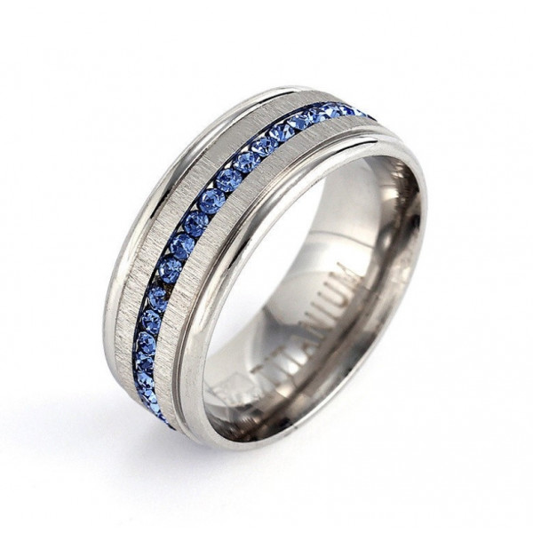 Handmade 8mm Titanium Steel  Blue Sapphire Men's Ring Band