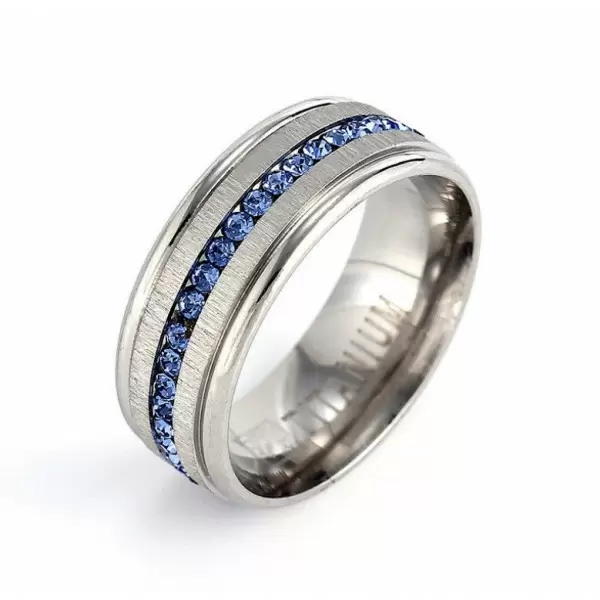 Handmade 8mm Titanium Steel  Blue Sapphire Men's Ring Band