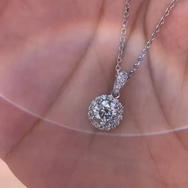 1.5ct Round Cut White Sapphire Halo Pendant Necklace