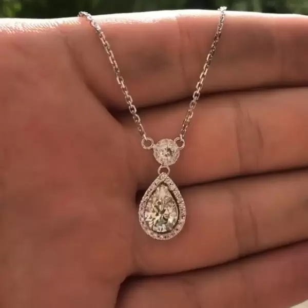 3ct Pear Cut White Sapphire Halo Pendant Necklace