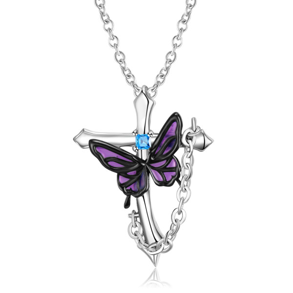 Halloween Gift Butterfly Cross Pendant Necklace in Sterling Silver